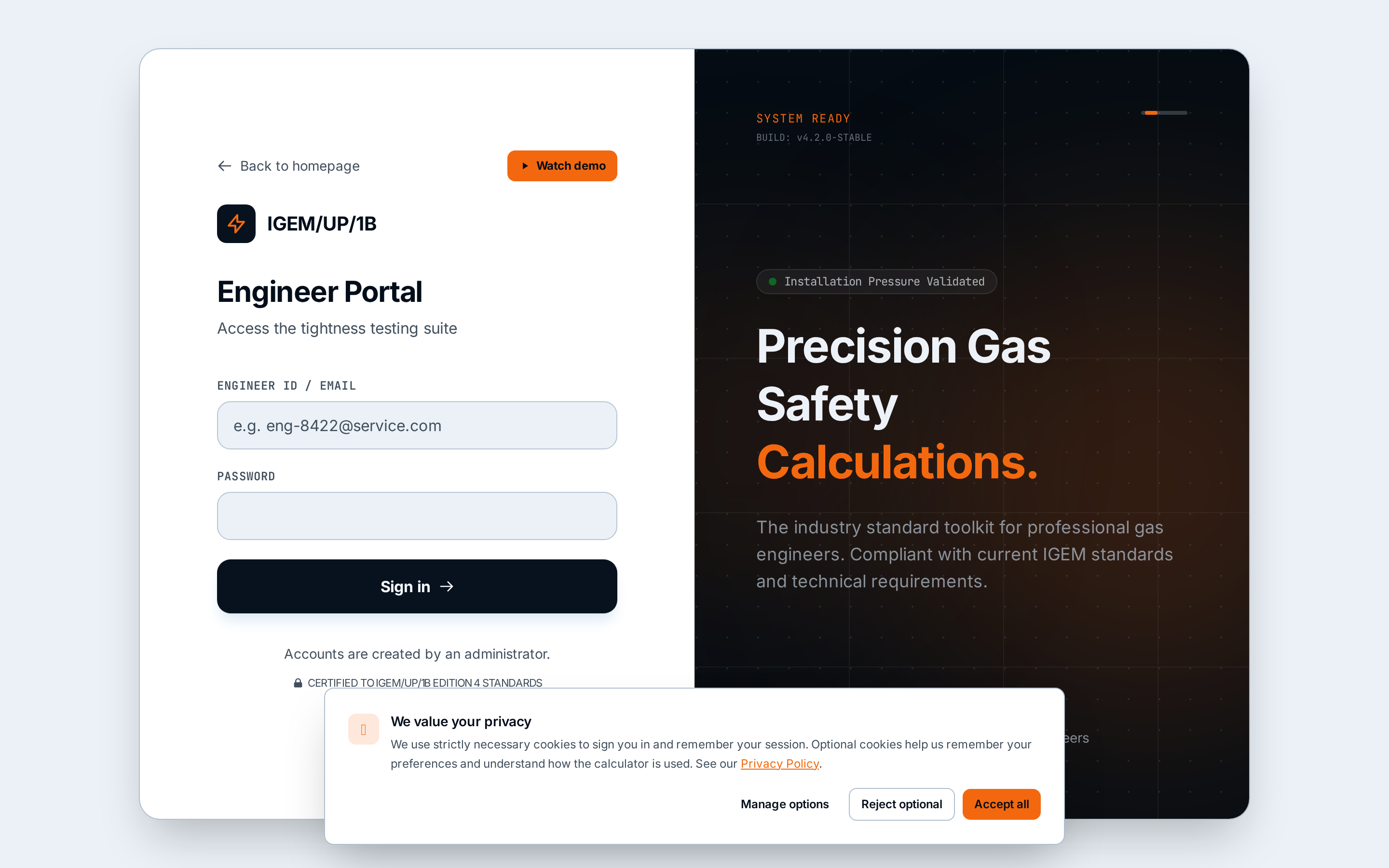 Engineer Portal sign-in screen.